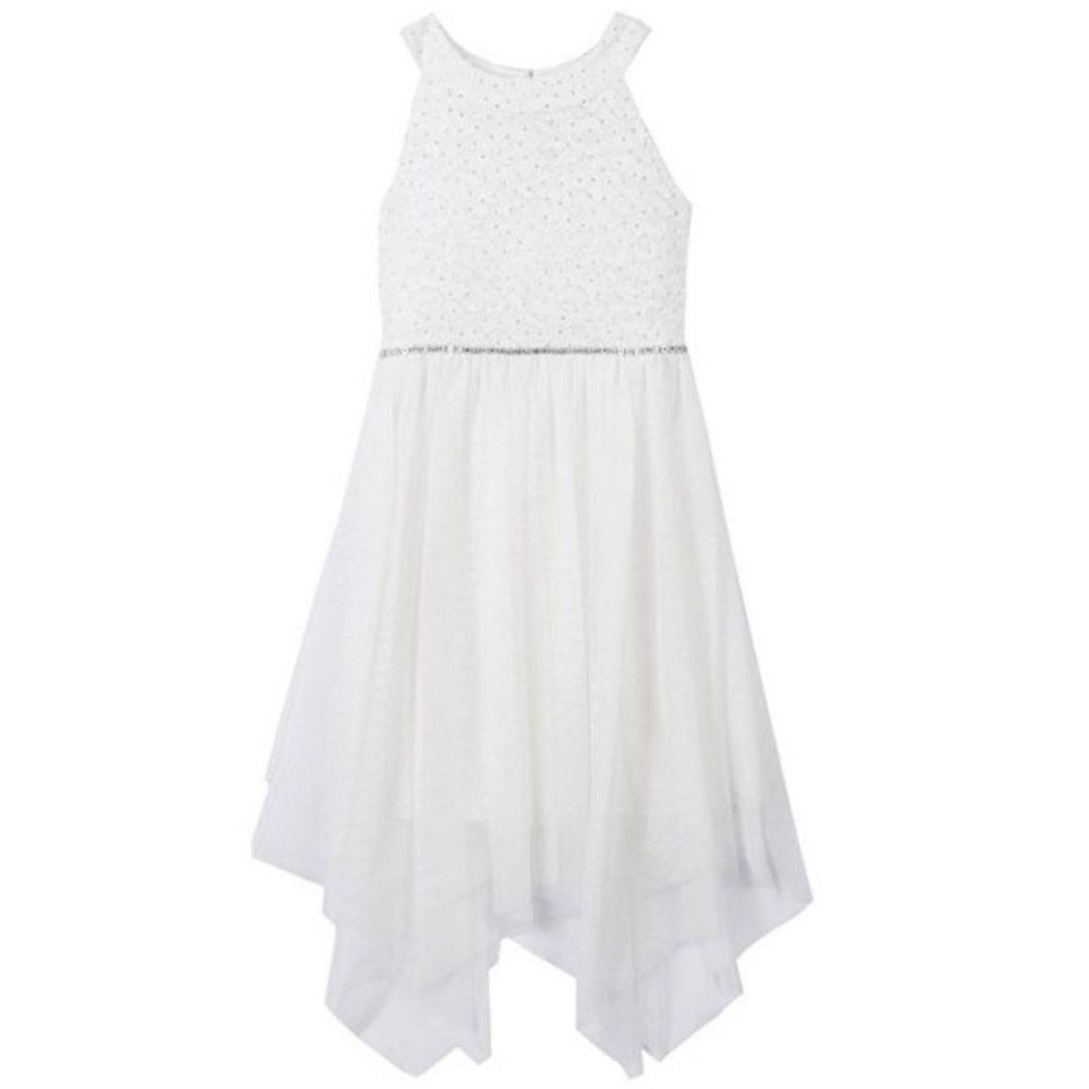 Girls' White Dress Sz 5 Rhinestone Trimmed Glitter Lace Bodice Formal Pagent NWO